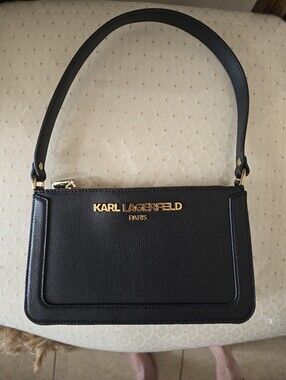 Karl Lagerfeld Black Leather Shoulder Bag with Gold Logo